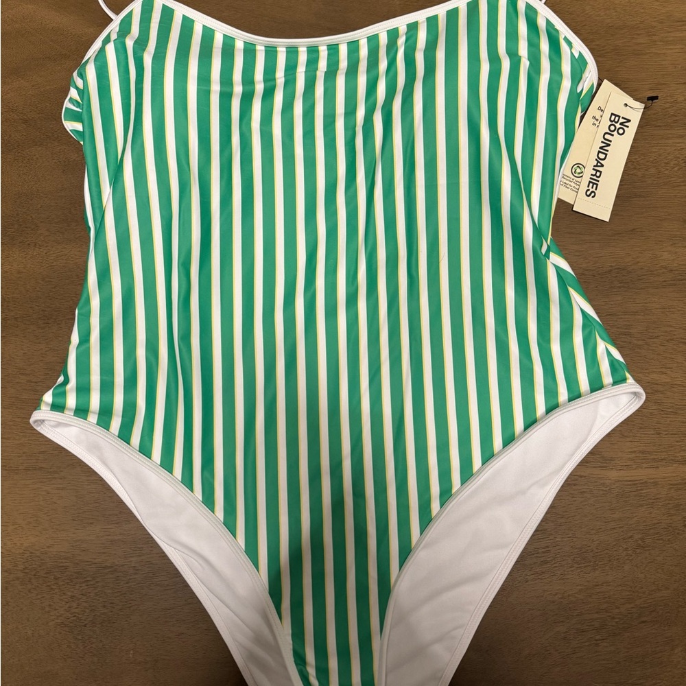 No Boundaries Green‎ & White Vertical Stripe One-Piece Swimsuit